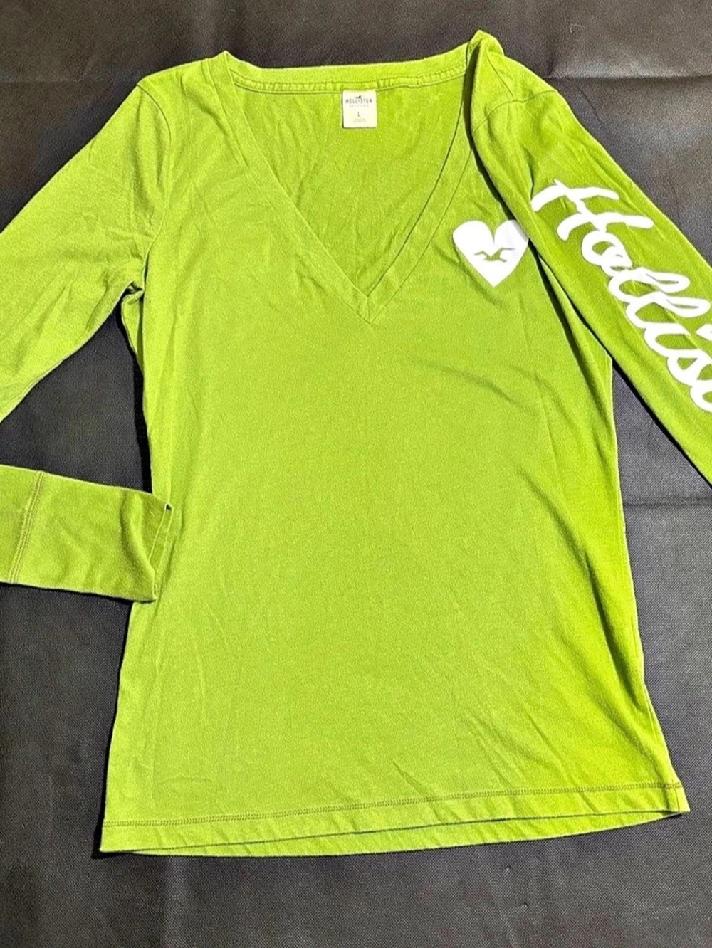 Y2K Hollister Graphic Long Sleeve V-Neck Lime Green Size Large Seagull Logo